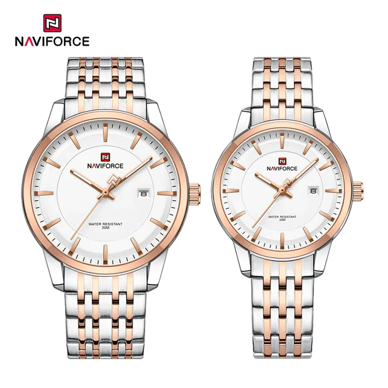 Naviforce Silver & Rose Couple Watch